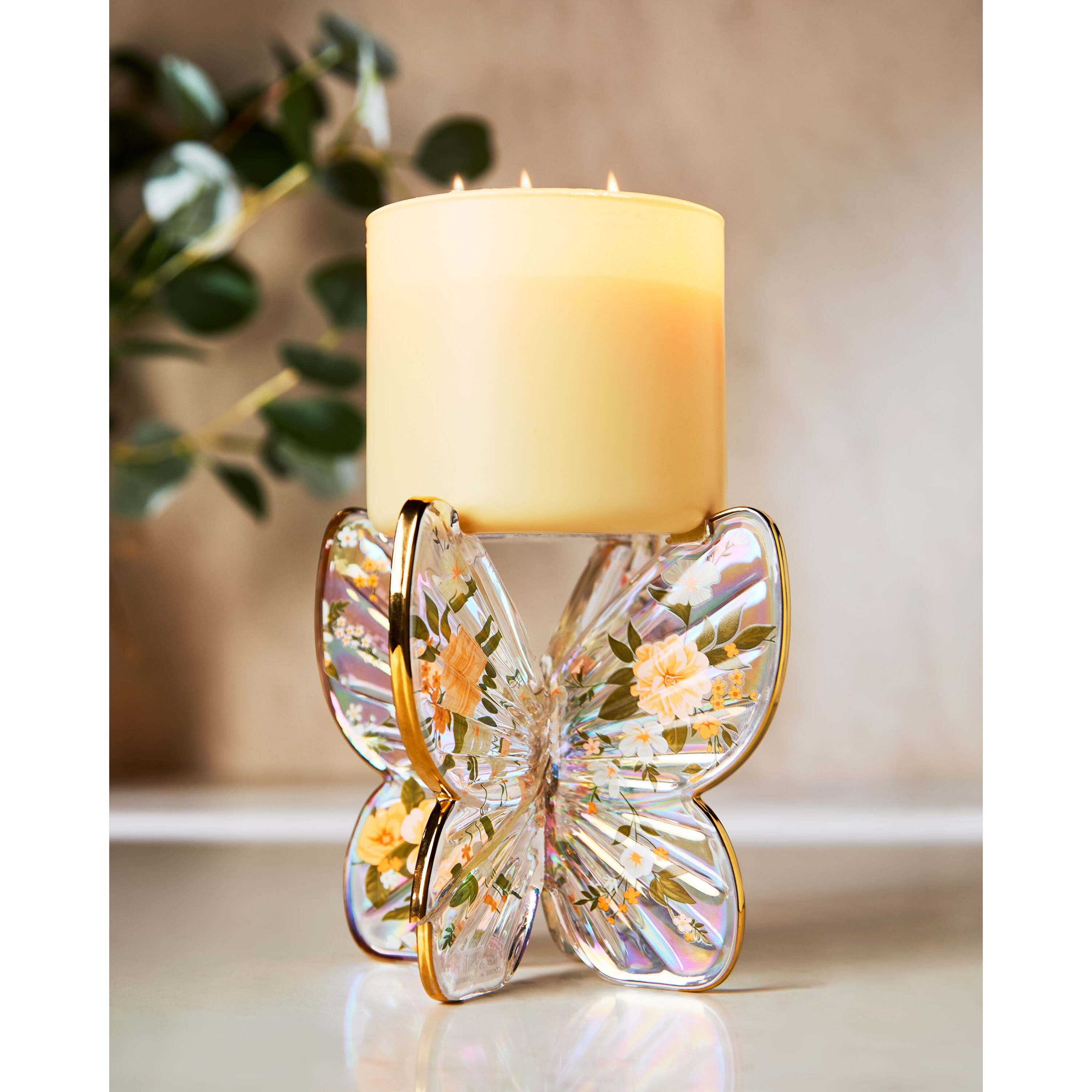Glass Butterfly Pedestal 3-Wick Candle Holder - Image 2